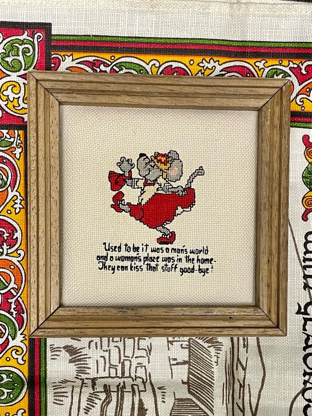 1970s Framed Cross-Stitch Small Wall Art Mouse- Empowering